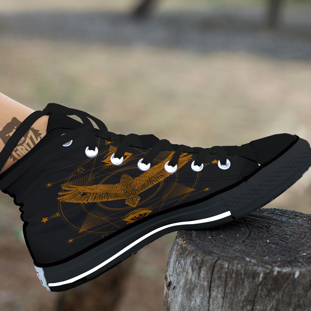 Masonic Eye Raven Print Black High Top Shoes-grizzshop