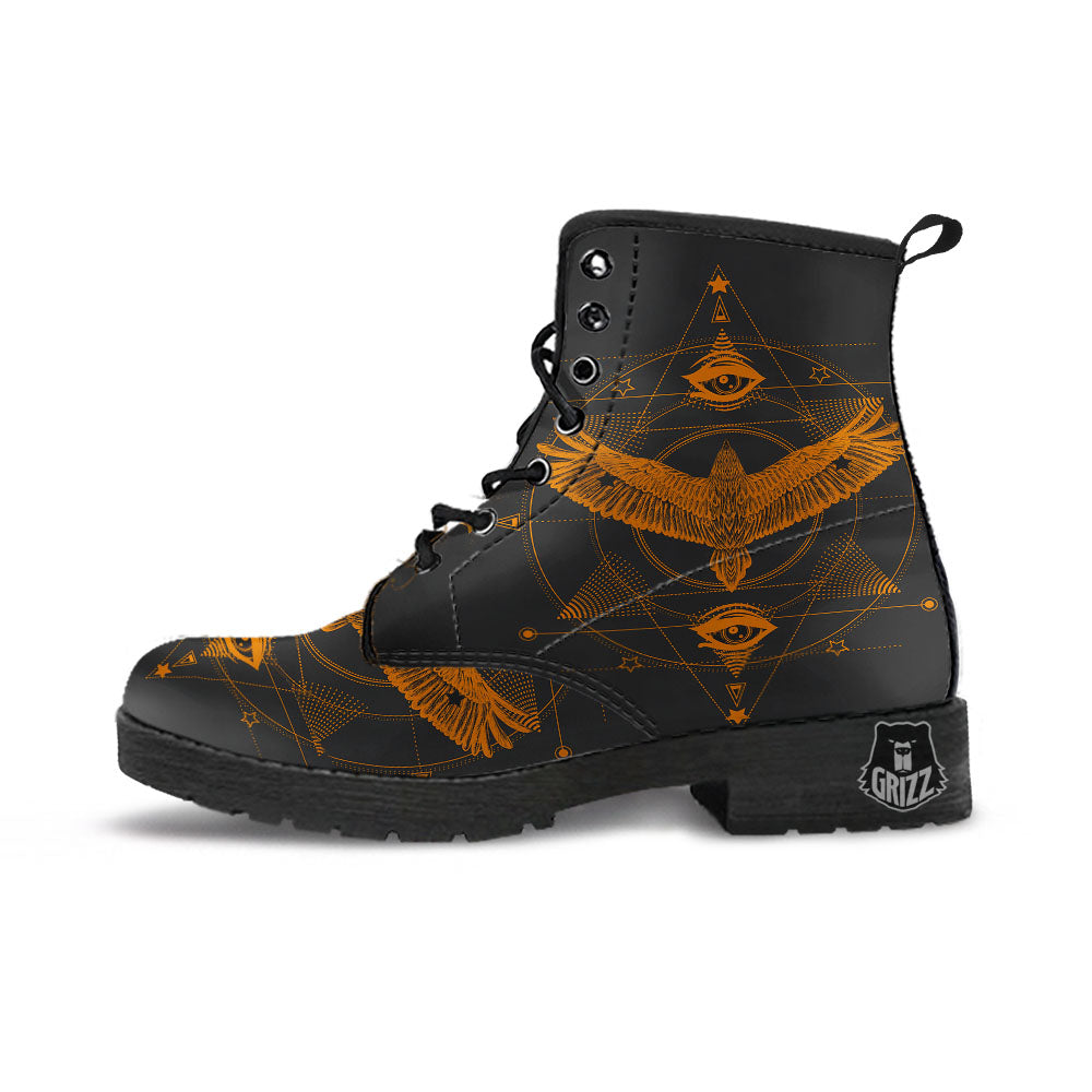 Masonic Eye Raven Print Leather Boots-grizzshop
