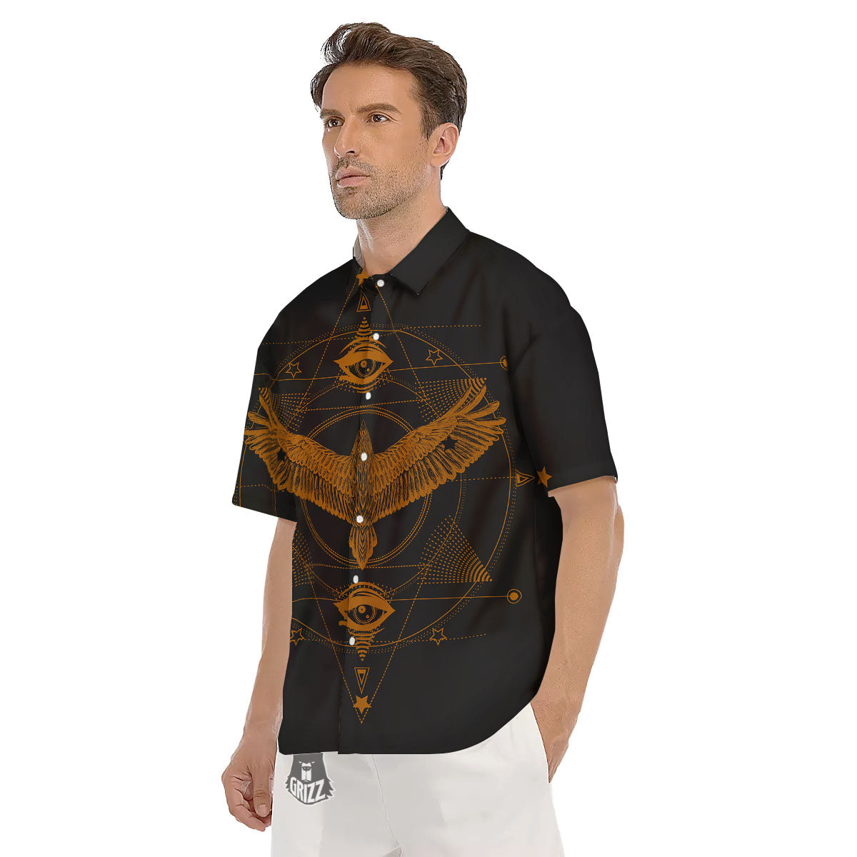 Masonic Eye Raven Print Men's Short Sleeve Shirts-grizzshop