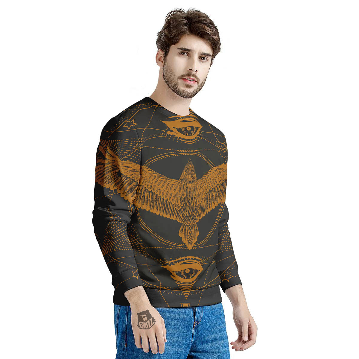 Masonic Eye Raven Print Men's Sweatshirt-grizzshop