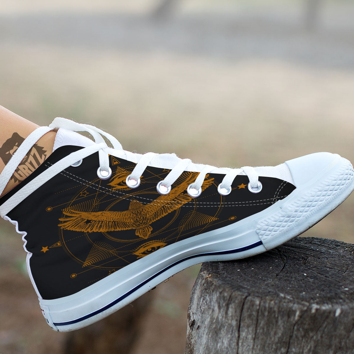 Masonic Eye Raven Print White High Top Shoes-grizzshop