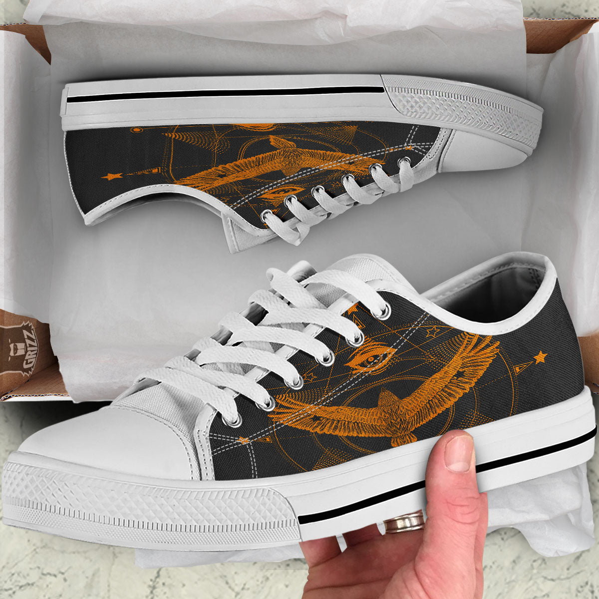 Masonic Eye Raven Print White Low Top Shoes-grizzshop