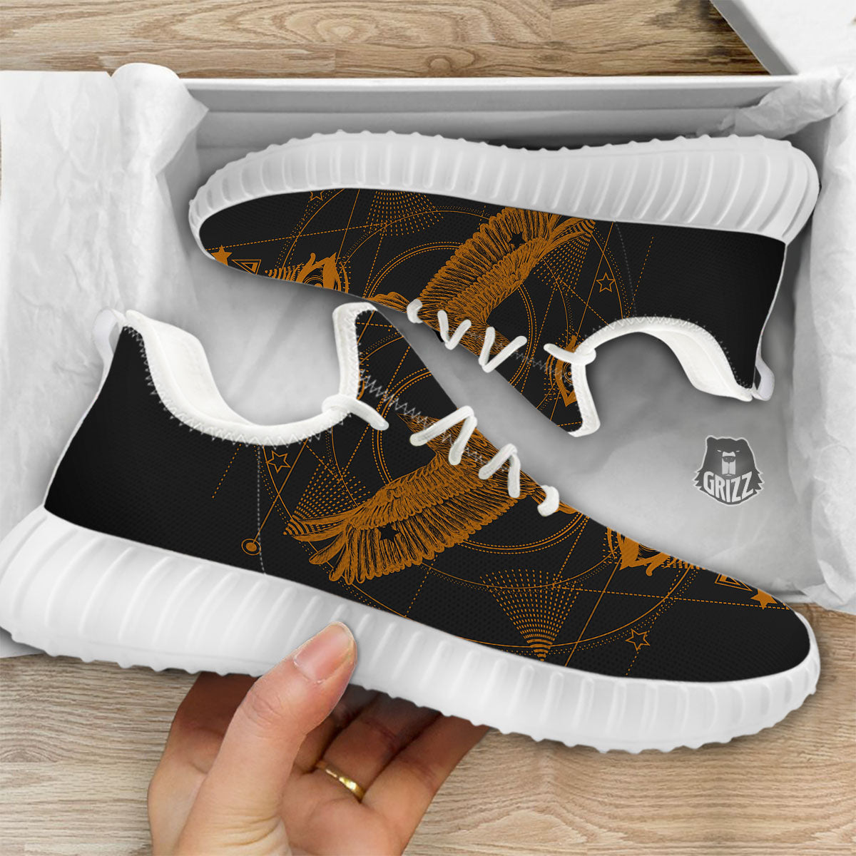 Masonic Eye Raven Print White Walking Shoes-grizzshop