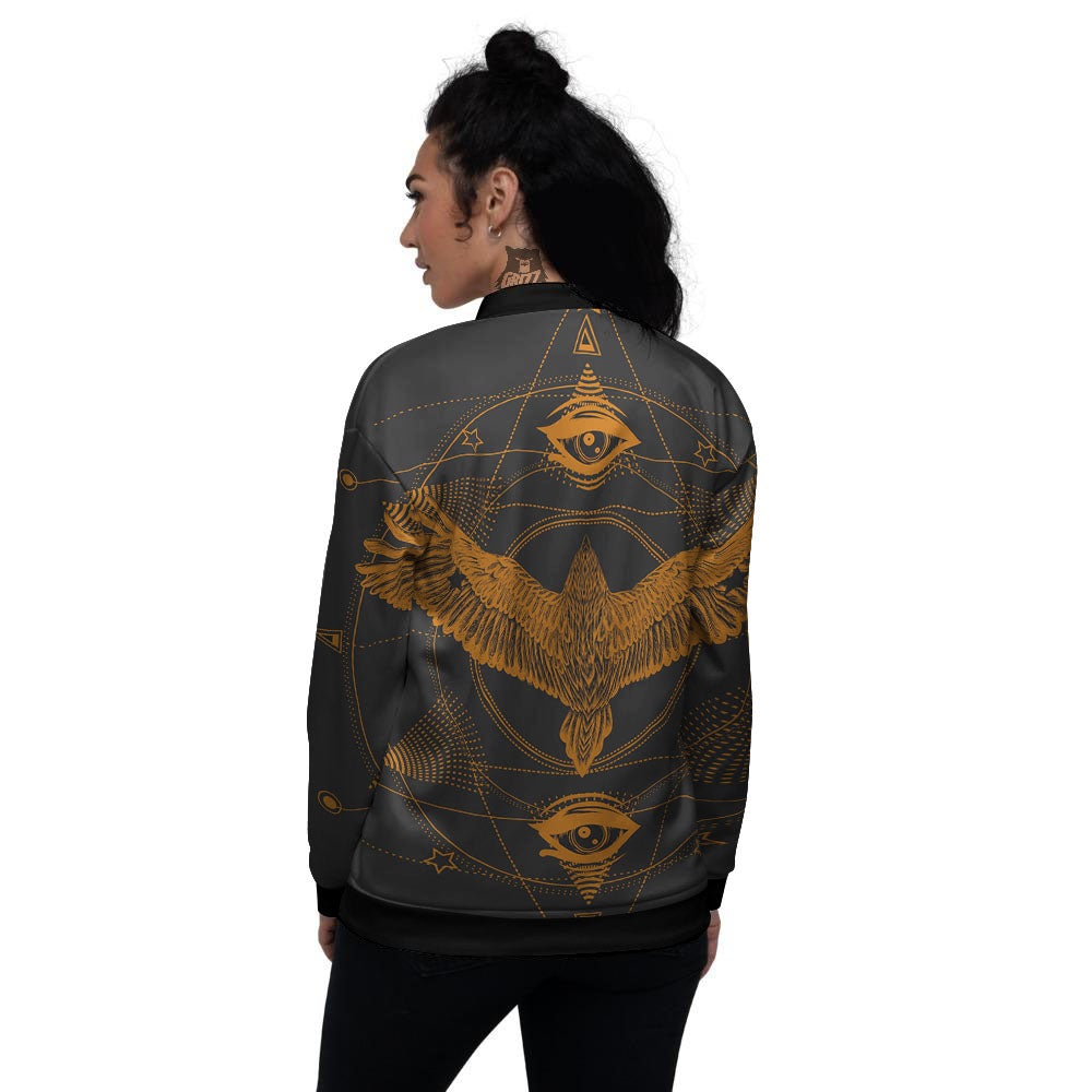 Masonic Eye Raven Print Women's Bomber Jacket-grizzshop