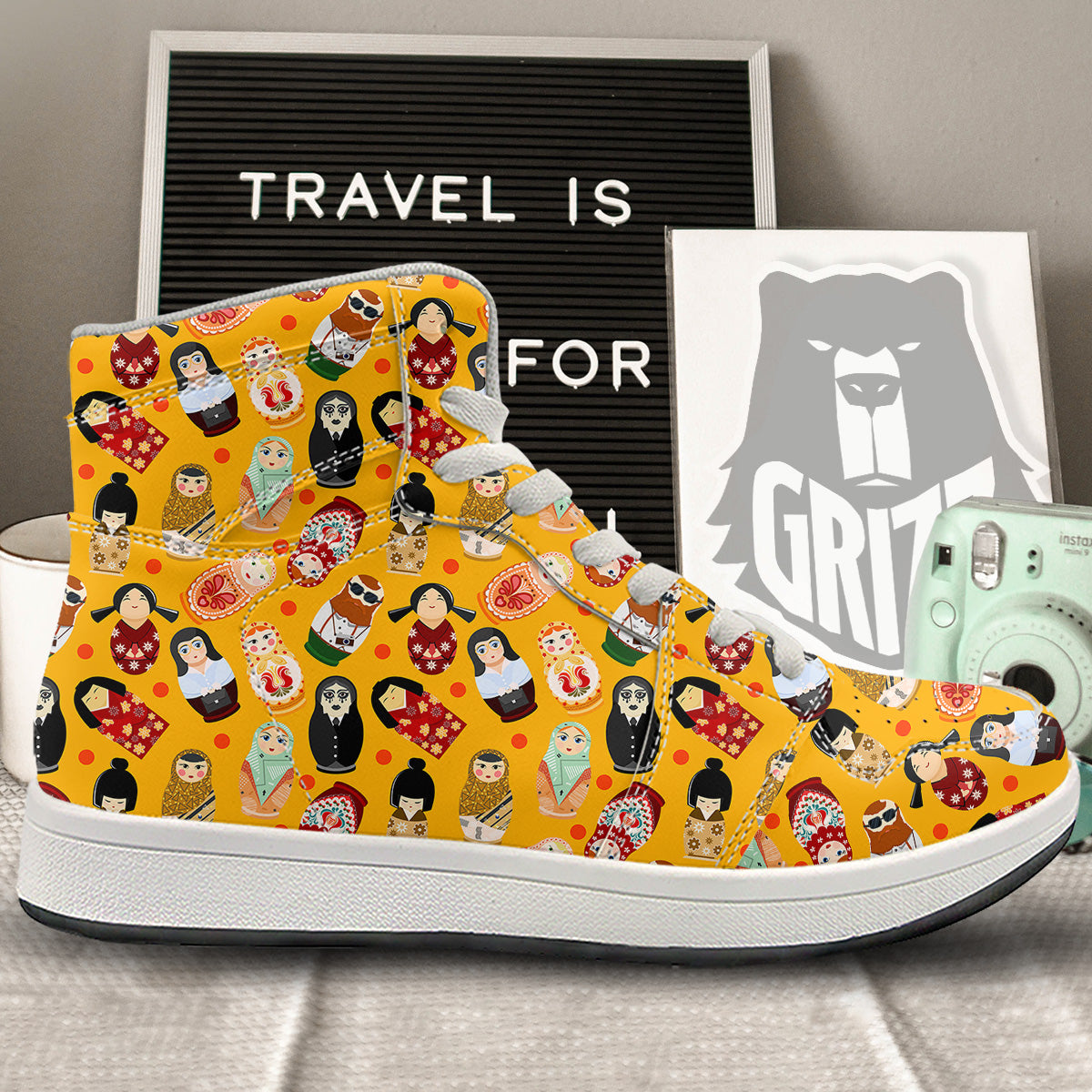 Matryoshka Doll Yellow Print Pattern High Top Sneakers-grizzshop