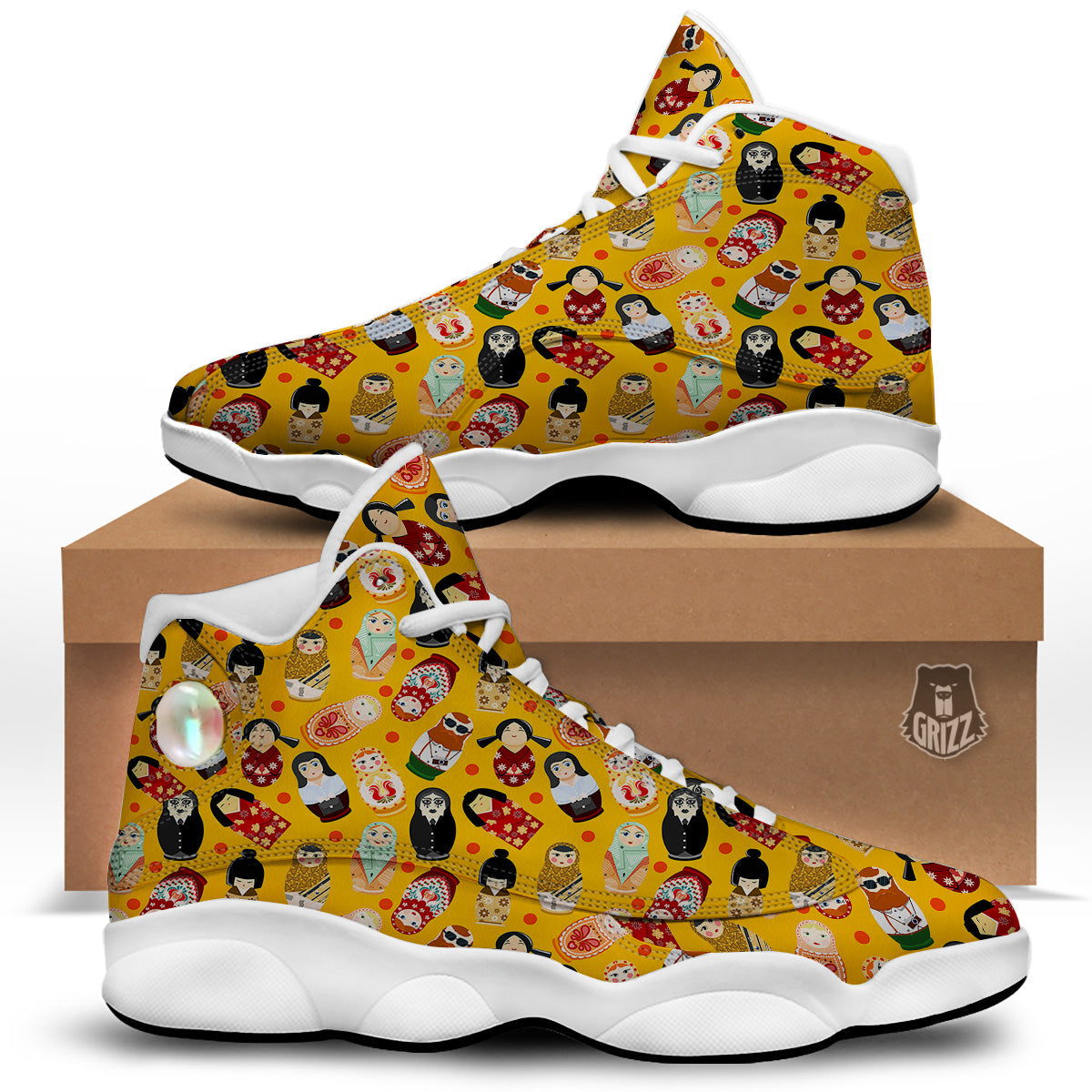 Matryoshka Doll Yellow Print Pattern White Basketball Shoes-grizzshop