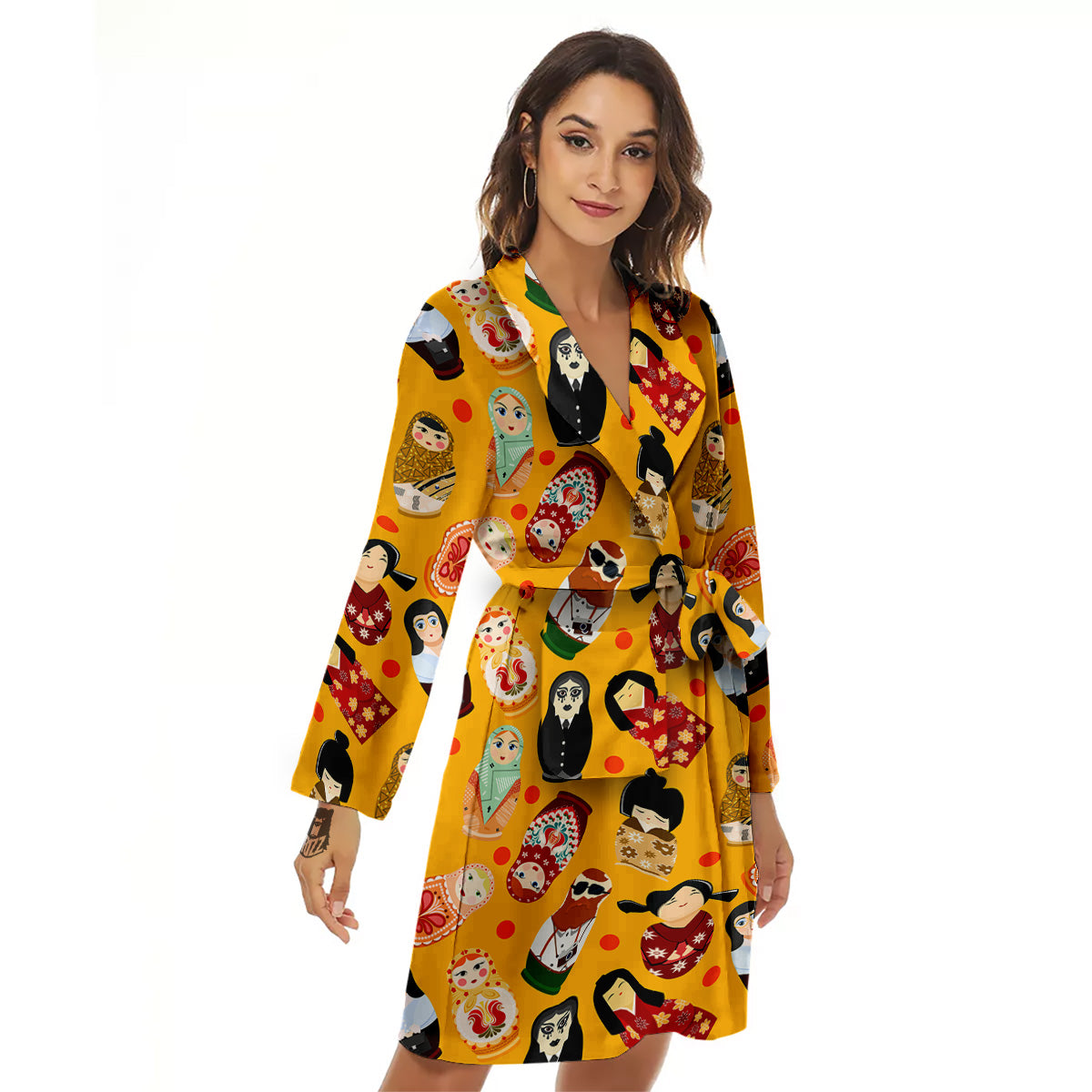 Matryoshka Doll Yellow Print Pattern Women's Robe-grizzshop