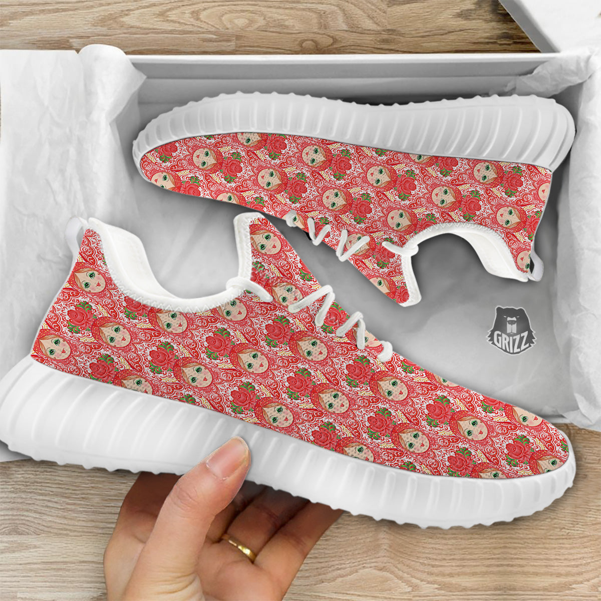 Matryoshka Traditional Pink Print Pattern White Walking Shoes-grizzshop