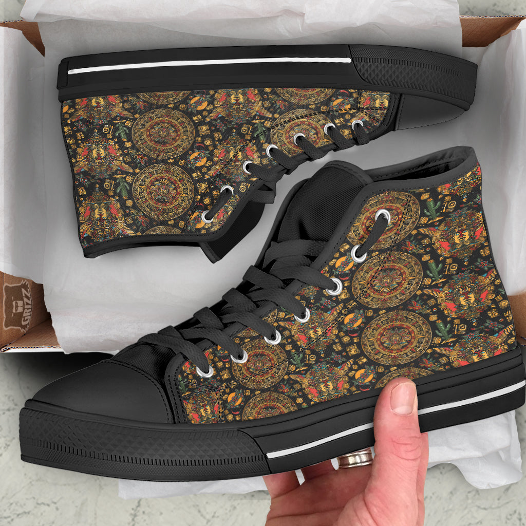 Maya Ancient Print Pattern Black High Top Shoes-grizzshop