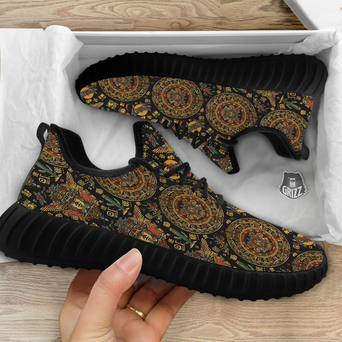 Maya Ancient Print Pattern Black Walking Shoes-grizzshop