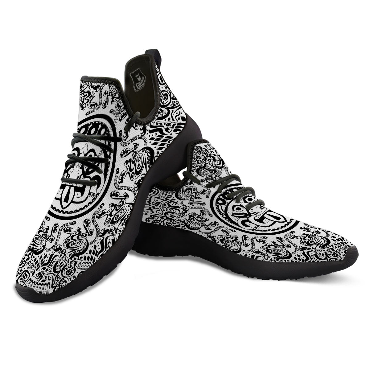 Maya Calendar White And Black Print Black Athletic Shoes-grizzshop