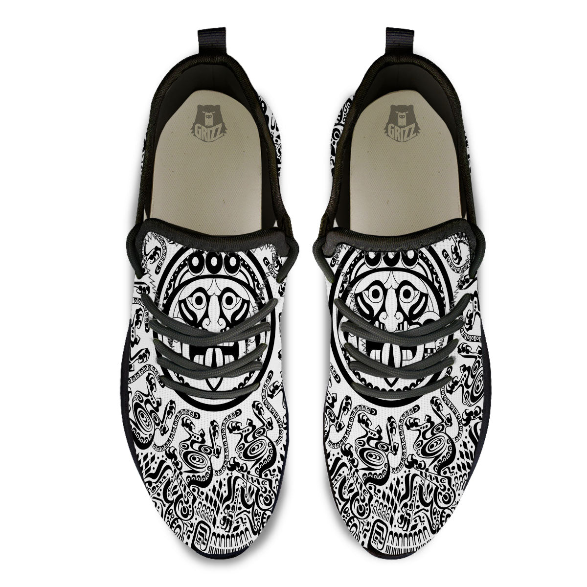 Maya Calendar White And Black Print Black Athletic Shoes-grizzshop