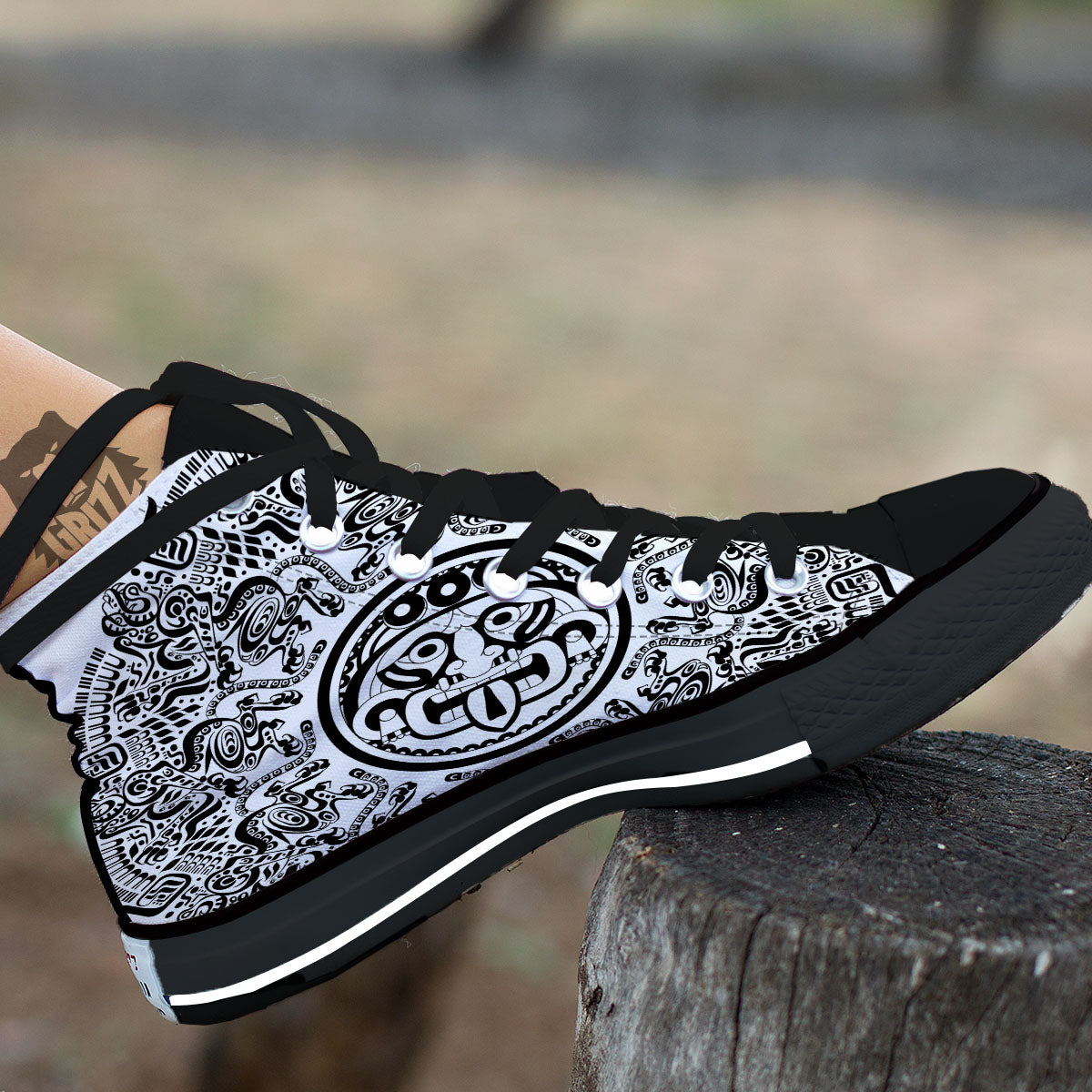 Maya Calendar White And Black Print Black High Top Shoes-grizzshop