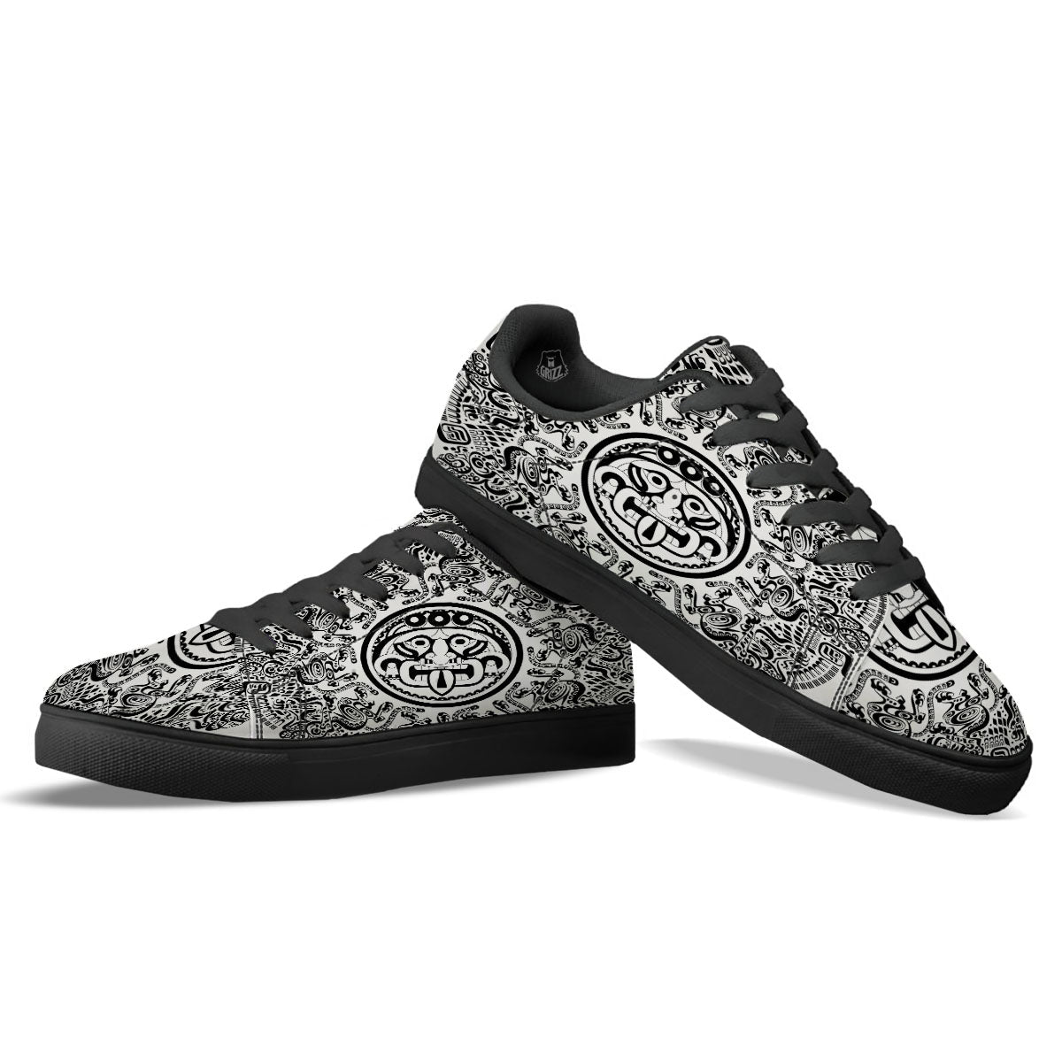 Maya Calendar White And Black Print Black Low Top Sneakers-grizzshop