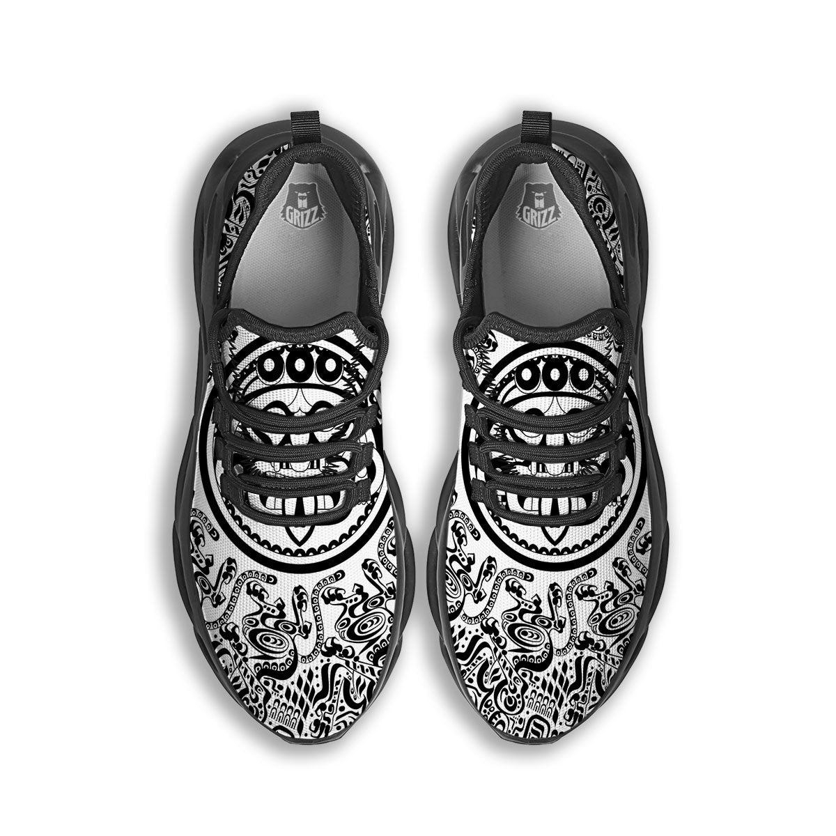 Maya Calendar White And Black Print Black Running Shoes-grizzshop