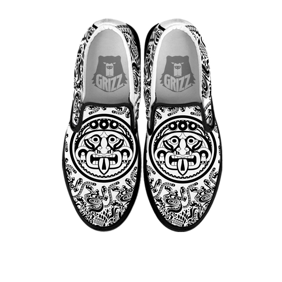 Maya Calendar White And Black Print Black Slip On Shoes-grizzshop