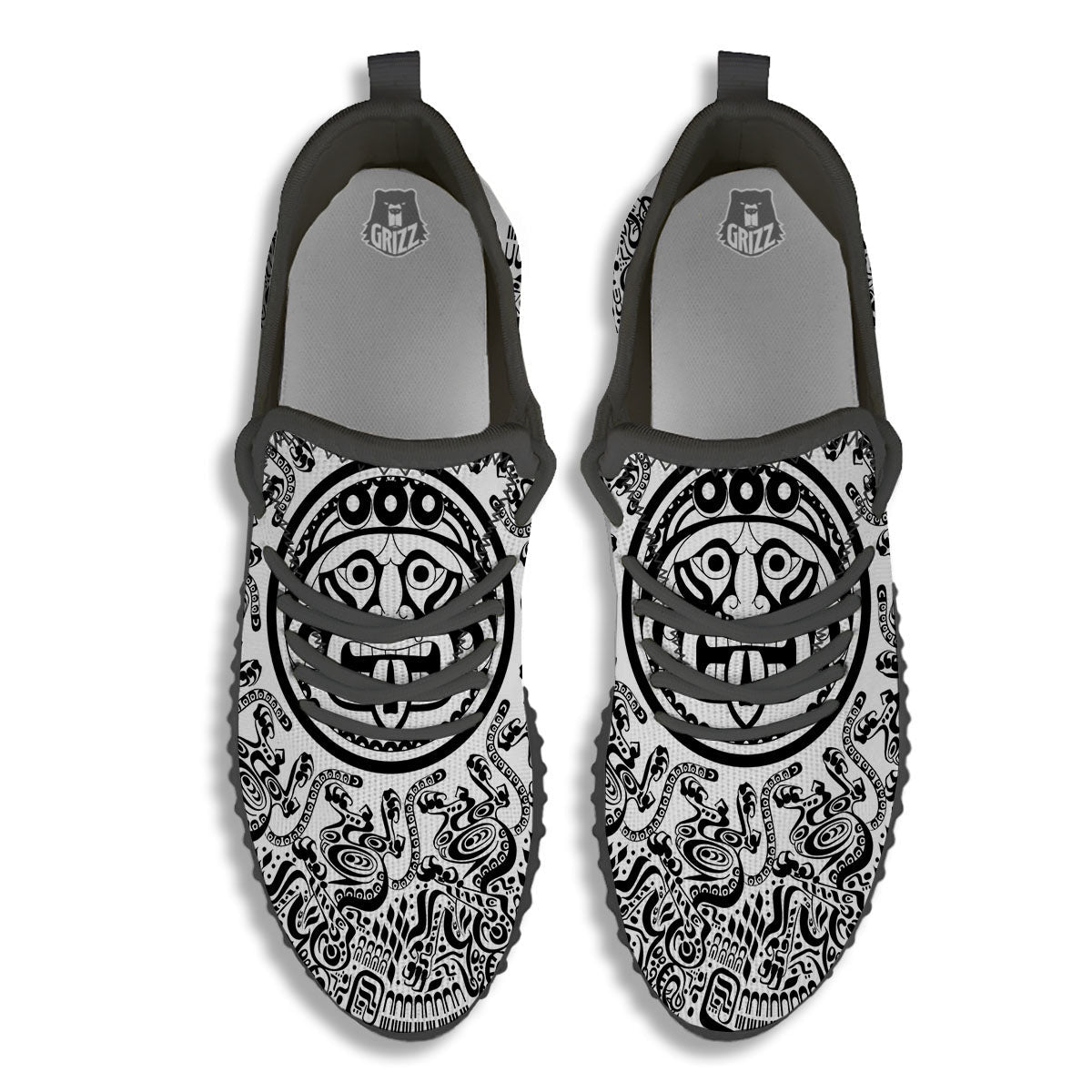 Maya Calendar White And Black Print Black Walking Shoes-grizzshop