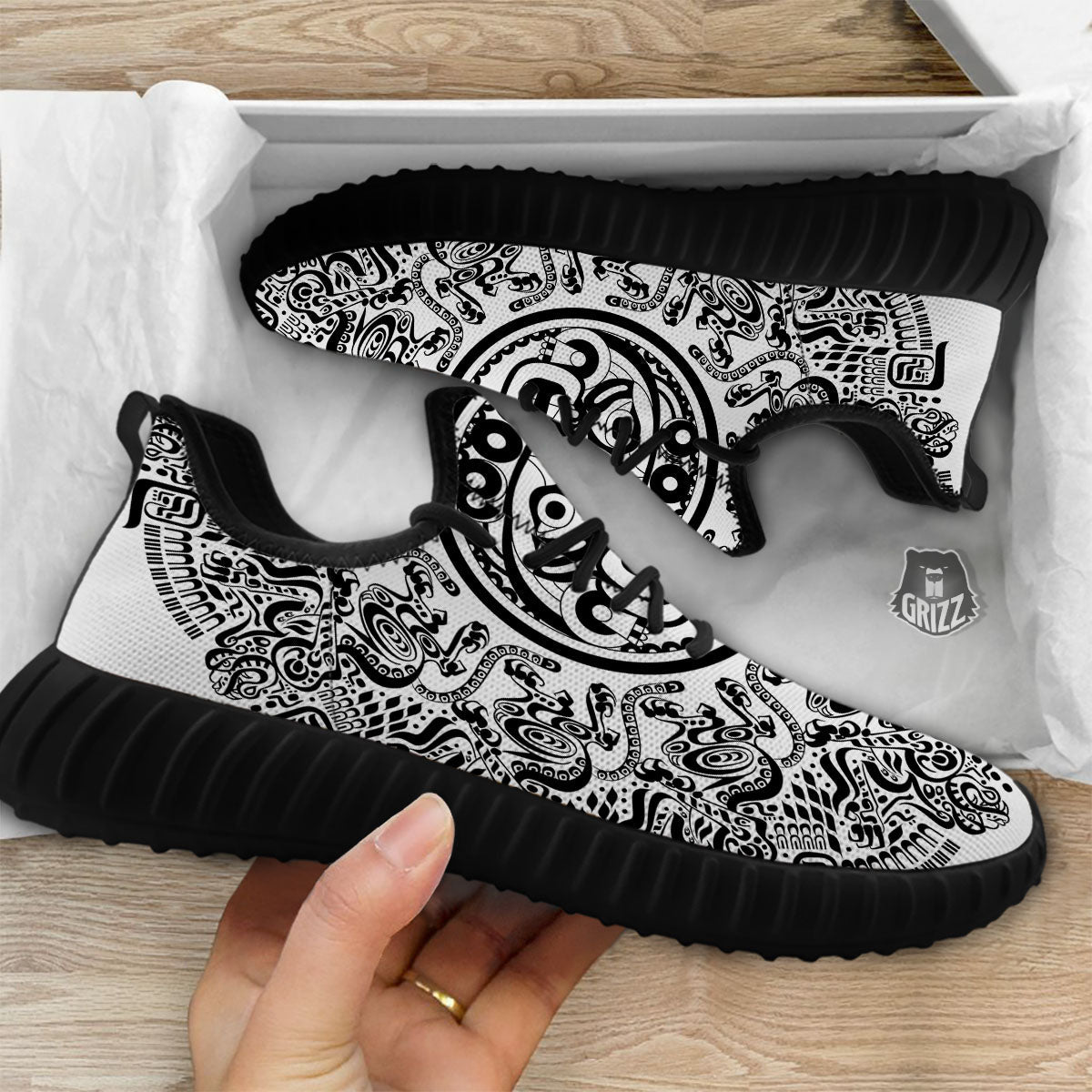 Maya Calendar White And Black Print Black Walking Shoes-grizzshop