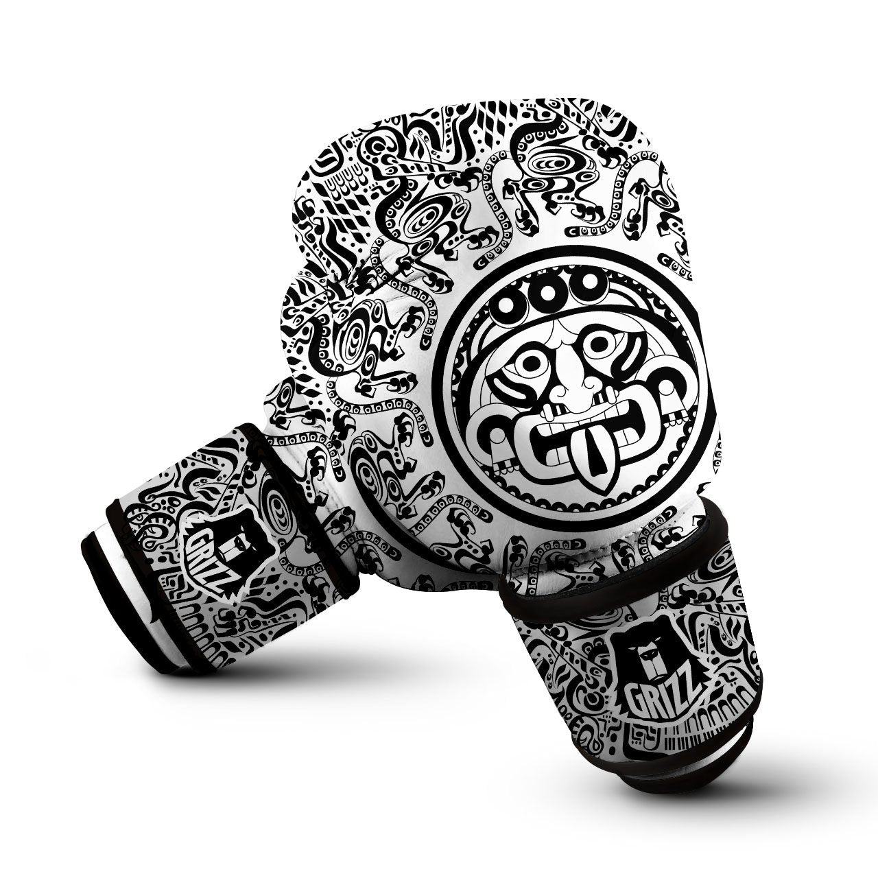 Maya Calendar White And Black Print Boxing Gloves-grizzshop
