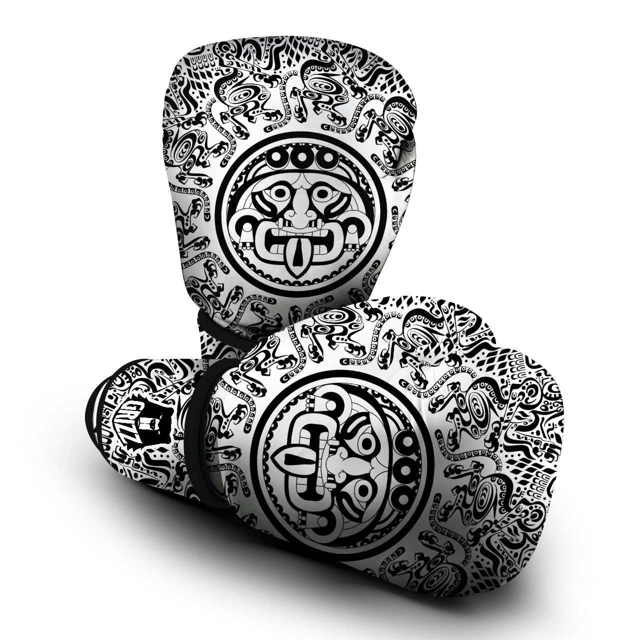 Maya Calendar White And Black Print Boxing Gloves-grizzshop
