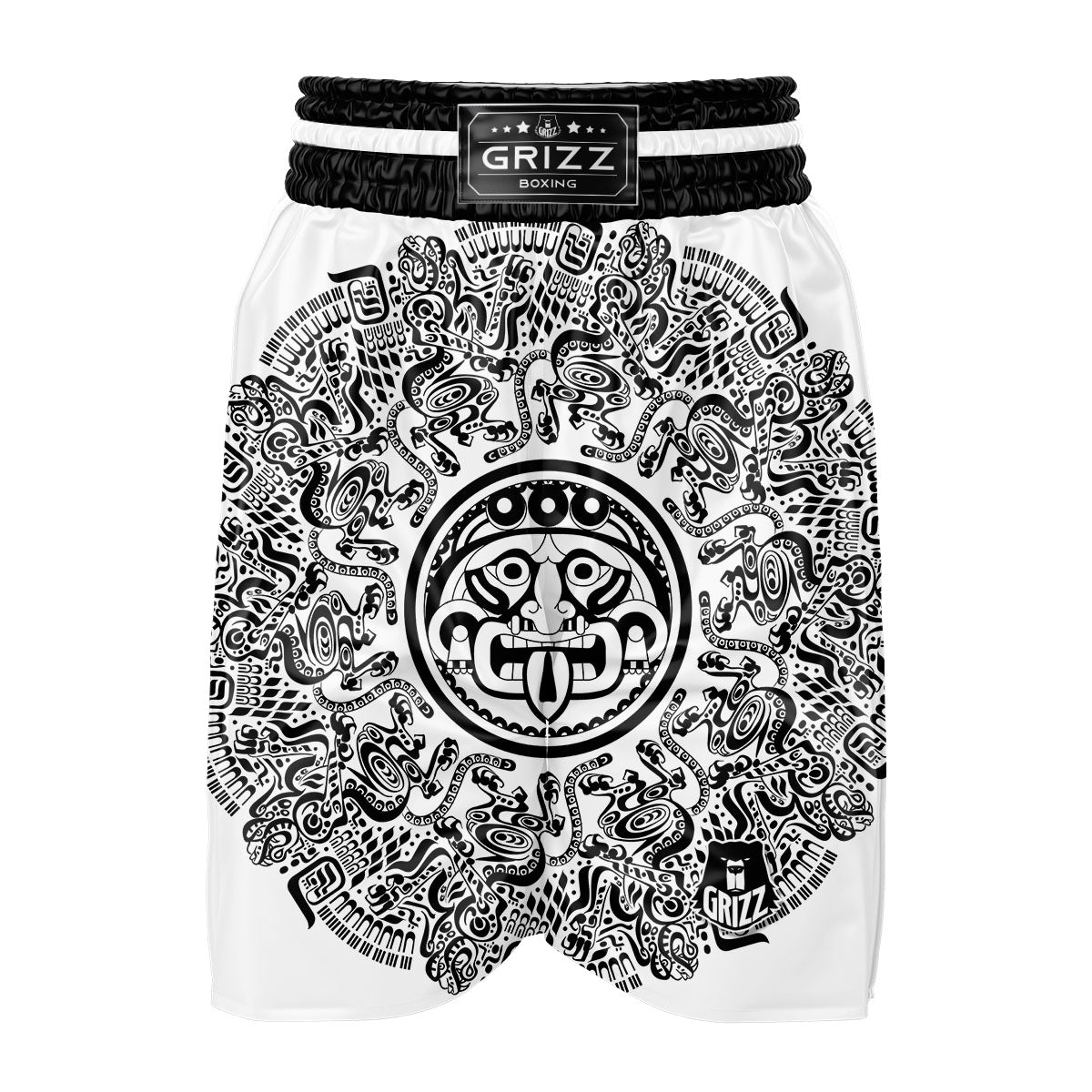 Maya Calendar White And Black Print Boxing Shorts-grizzshop
