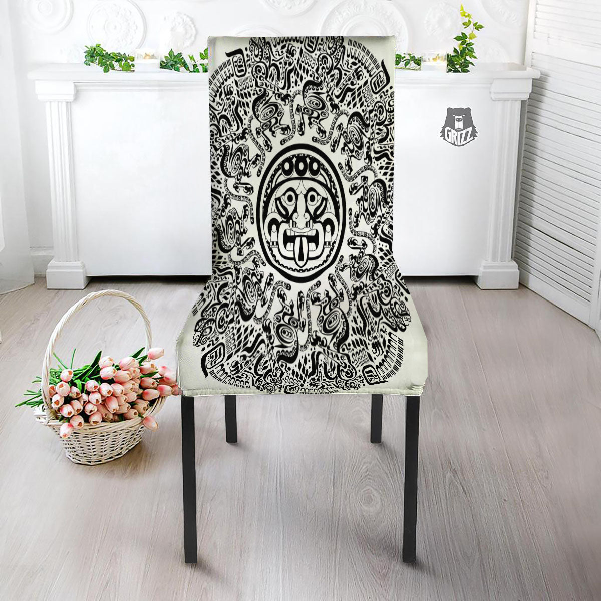 Maya Calendar White And Black Print Dining Chair Slipcover-grizzshop