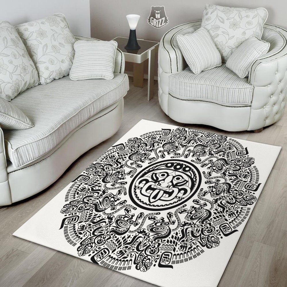 Maya Calendar White And Black Print Floor Mat-grizzshop