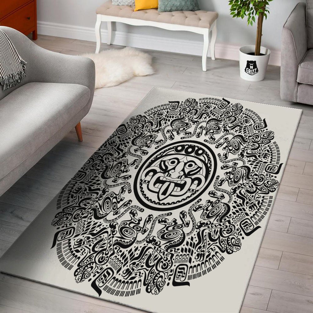 Maya Calendar White And Black Print Floor Mat-grizzshop