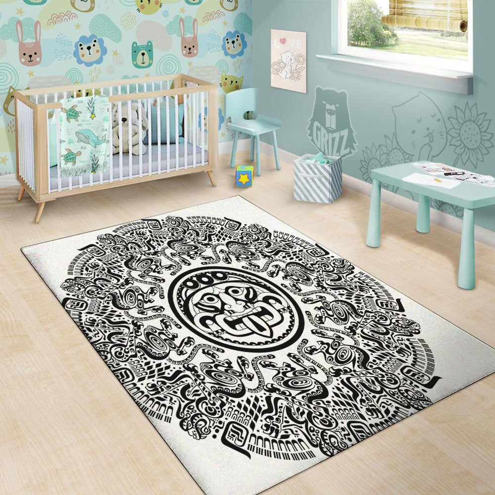 Maya Calendar White And Black Print Floor Mat-grizzshop