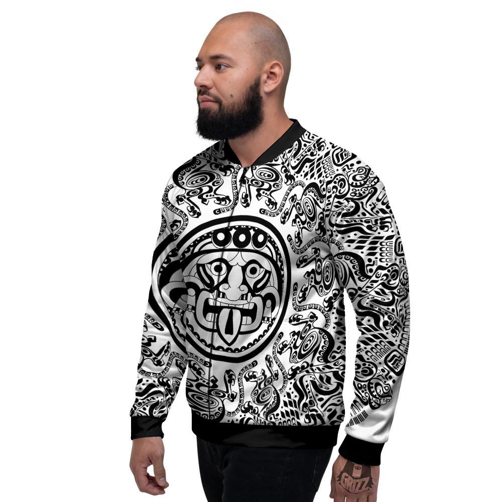 Maya Calendar White And Black Print Men's Bomber Jacket-grizzshop