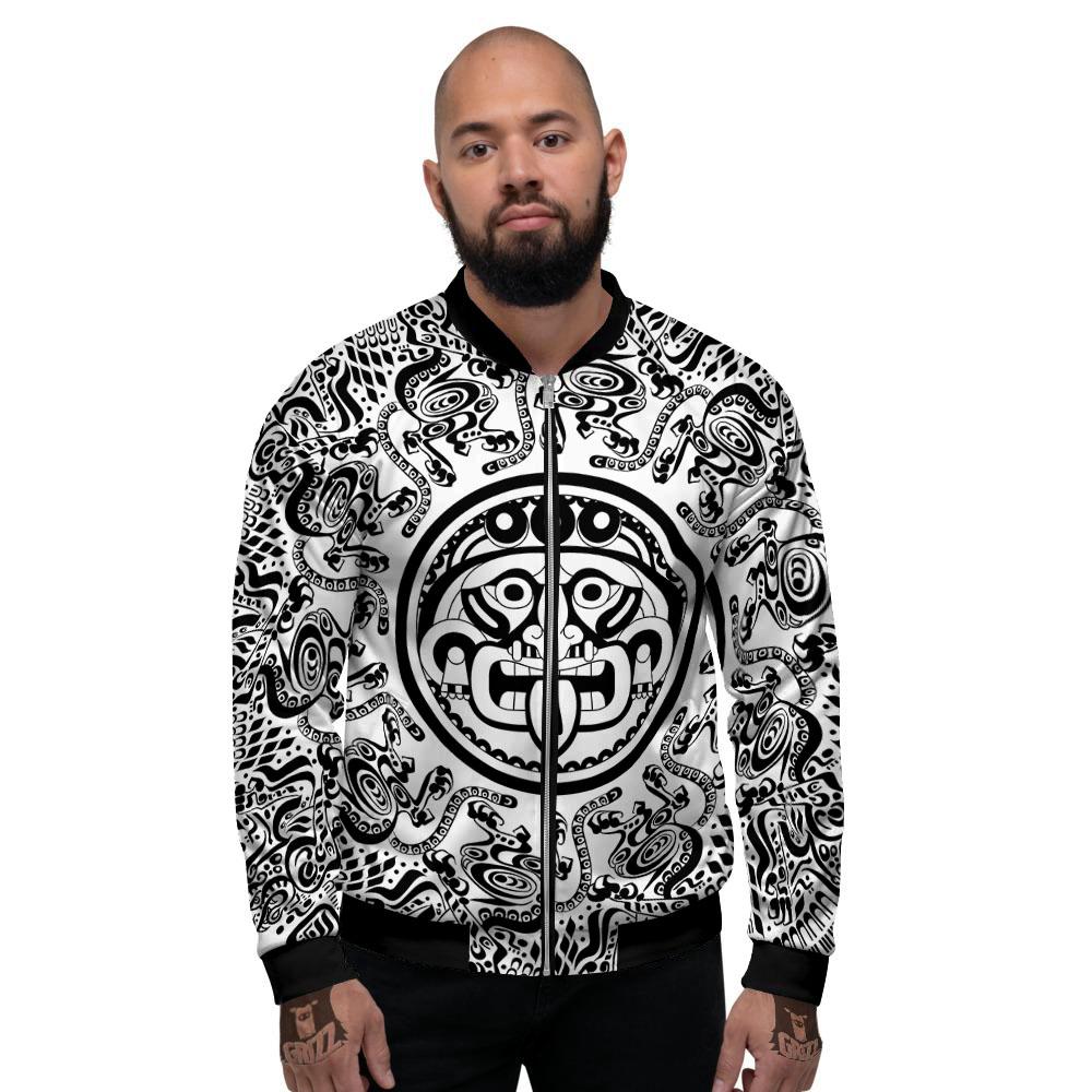 Maya Calendar White And Black Print Men's Bomber Jacket-grizzshop