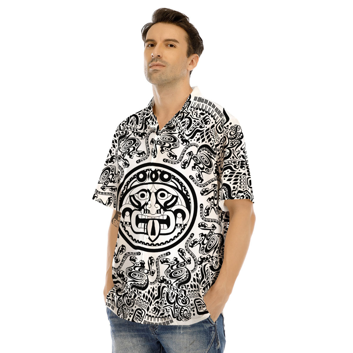 Maya Calendar White And Black Print Men's Hawaiian Shirt-grizzshop