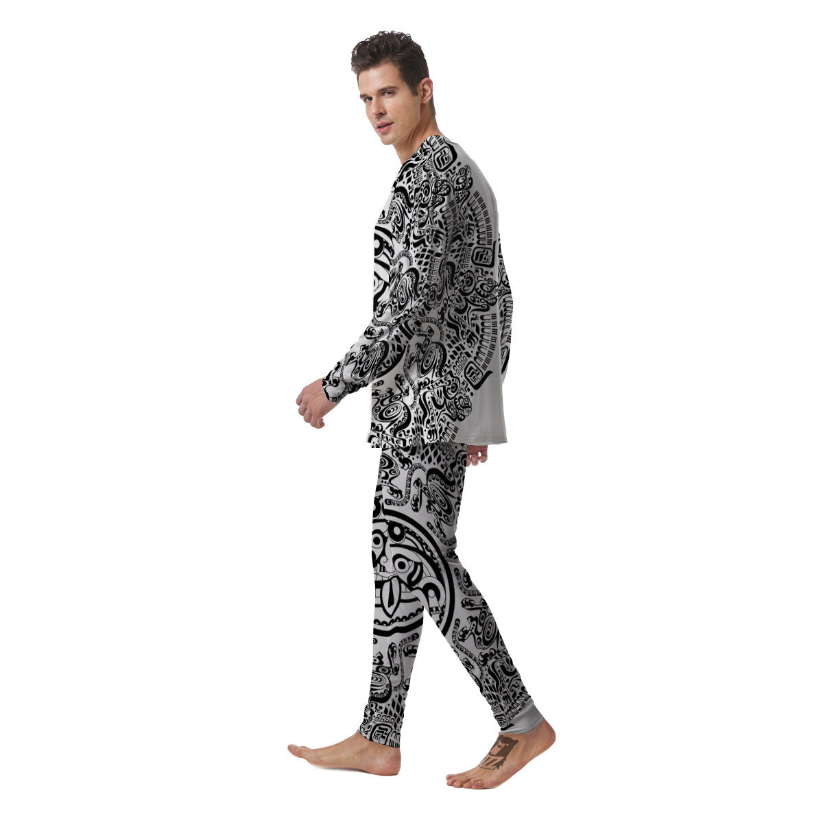 Maya Calendar White And Black Print Men's Pajamas-grizzshop