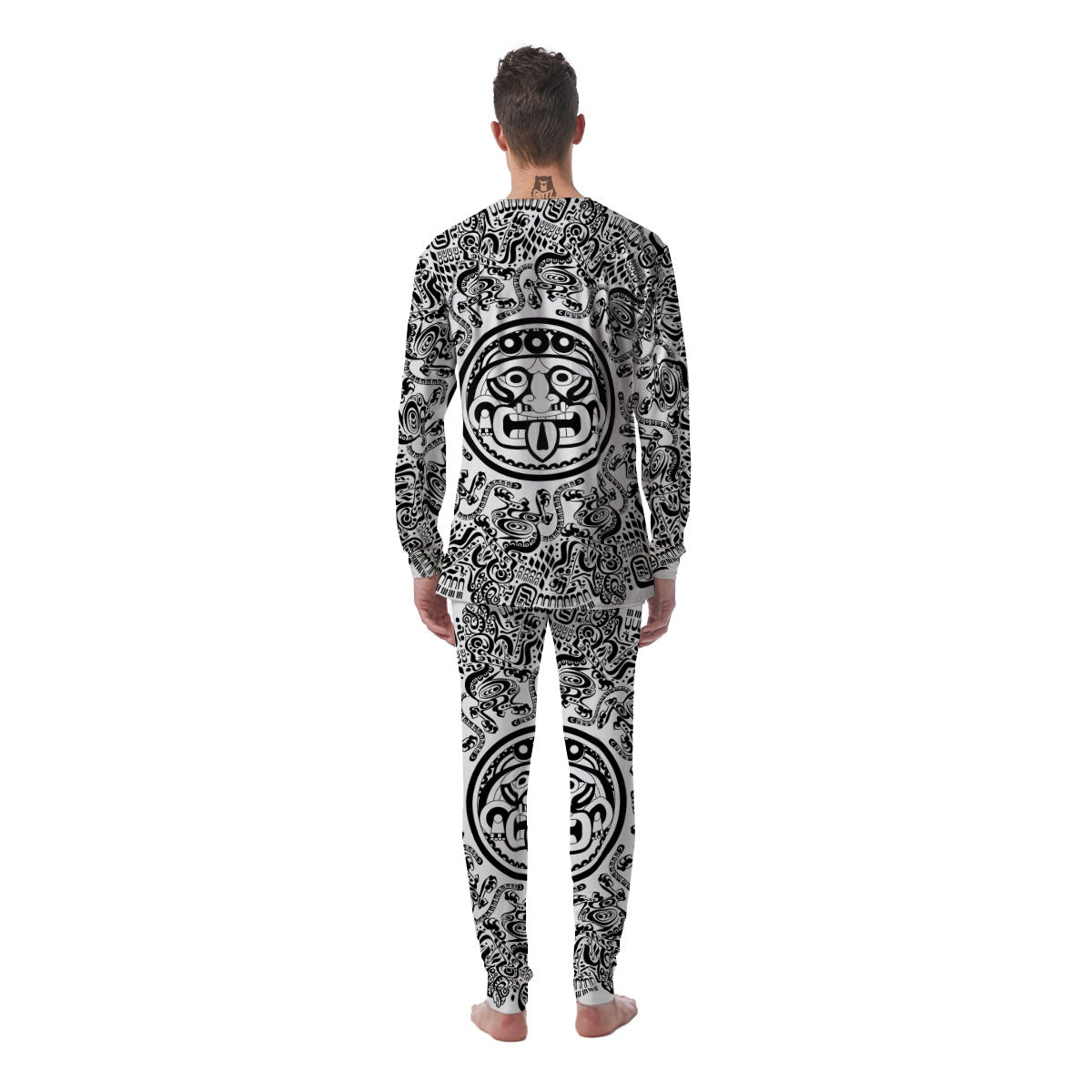 Maya Calendar White And Black Print Men's Pajamas-grizzshop