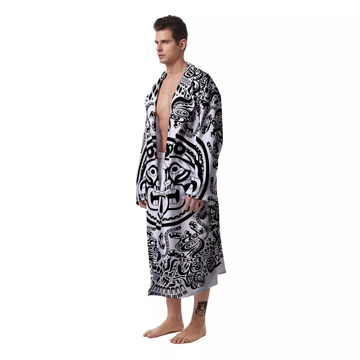 Maya Calendar White And Black Print Men's Robe-grizzshop