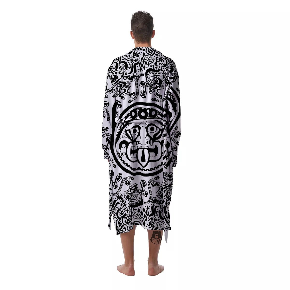 Maya Calendar White And Black Print Men's Robe-grizzshop