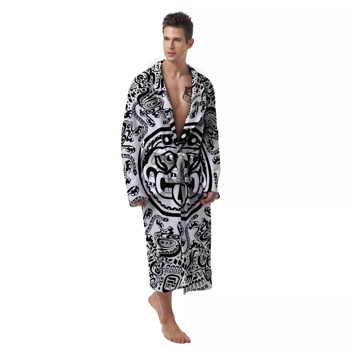 Maya Calendar White And Black Print Men's Robe-grizzshop