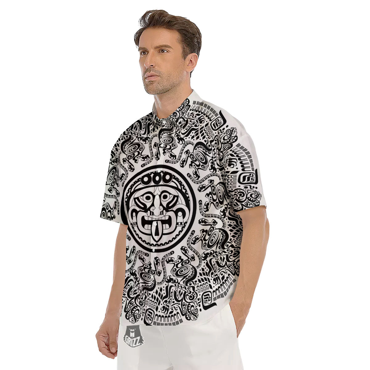 Maya Calendar White And Black Print Men's Short Sleeve Shirts-grizzshop