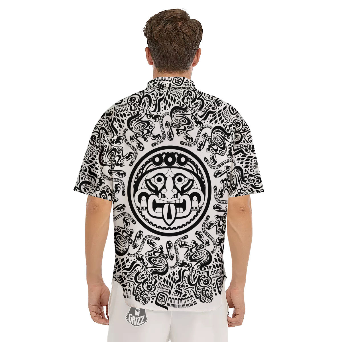 Maya Calendar White And Black Print Men's Short Sleeve Shirts-grizzshop