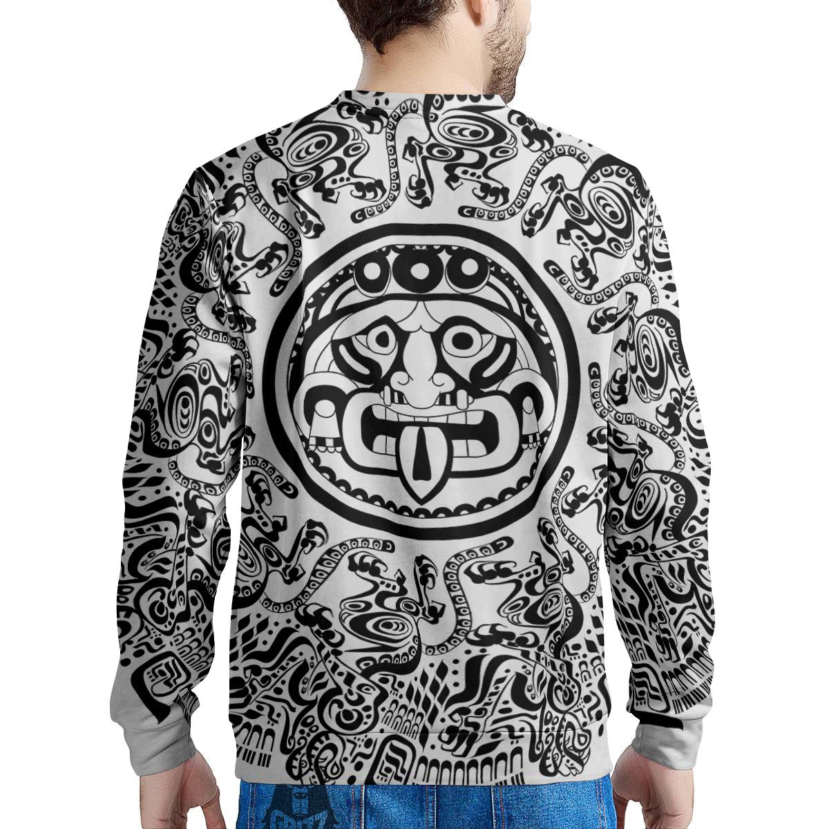 Maya Calendar White And Black Print Men's Sweatshirt-grizzshop