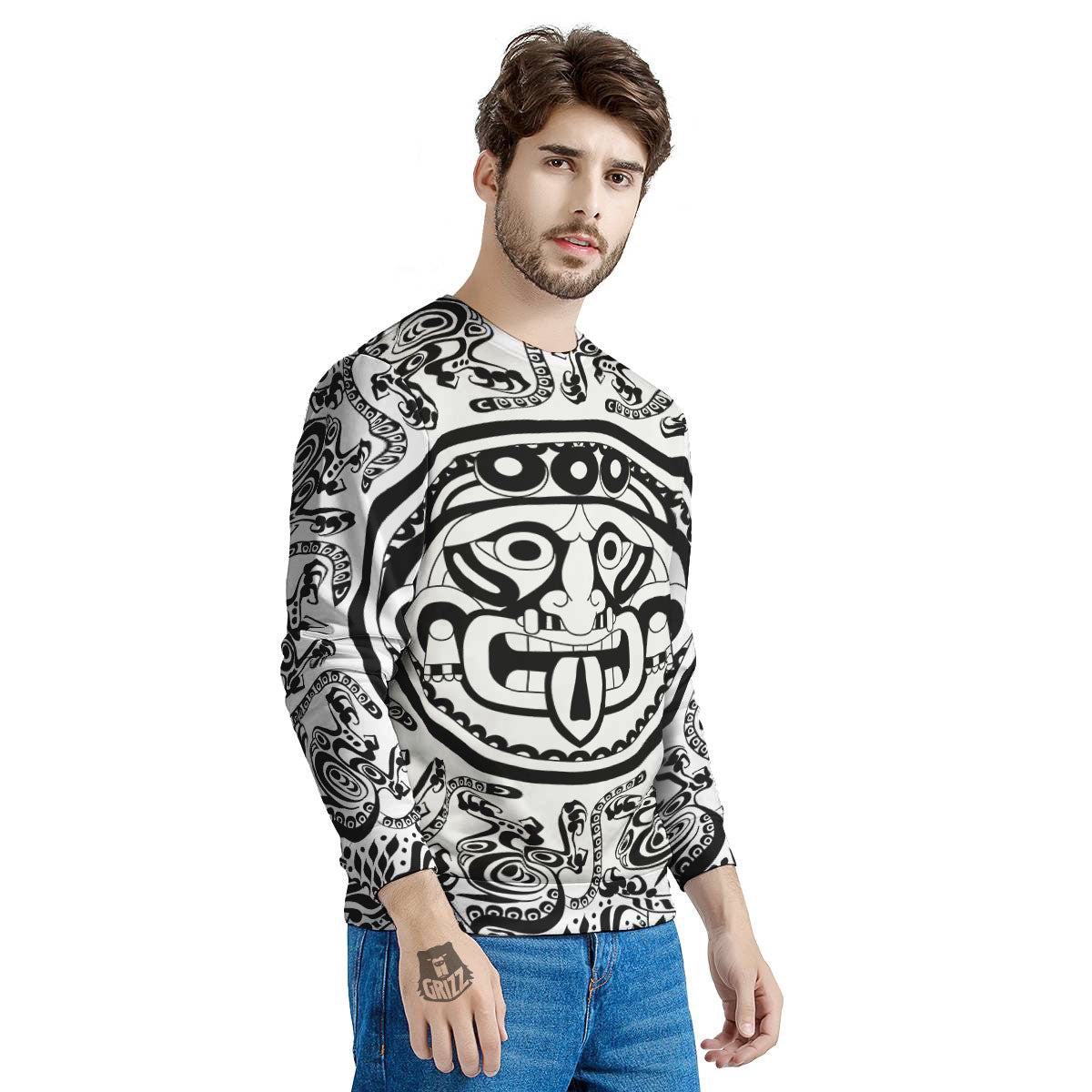 Maya Calendar White And Black Print Men's Sweatshirt-grizzshop