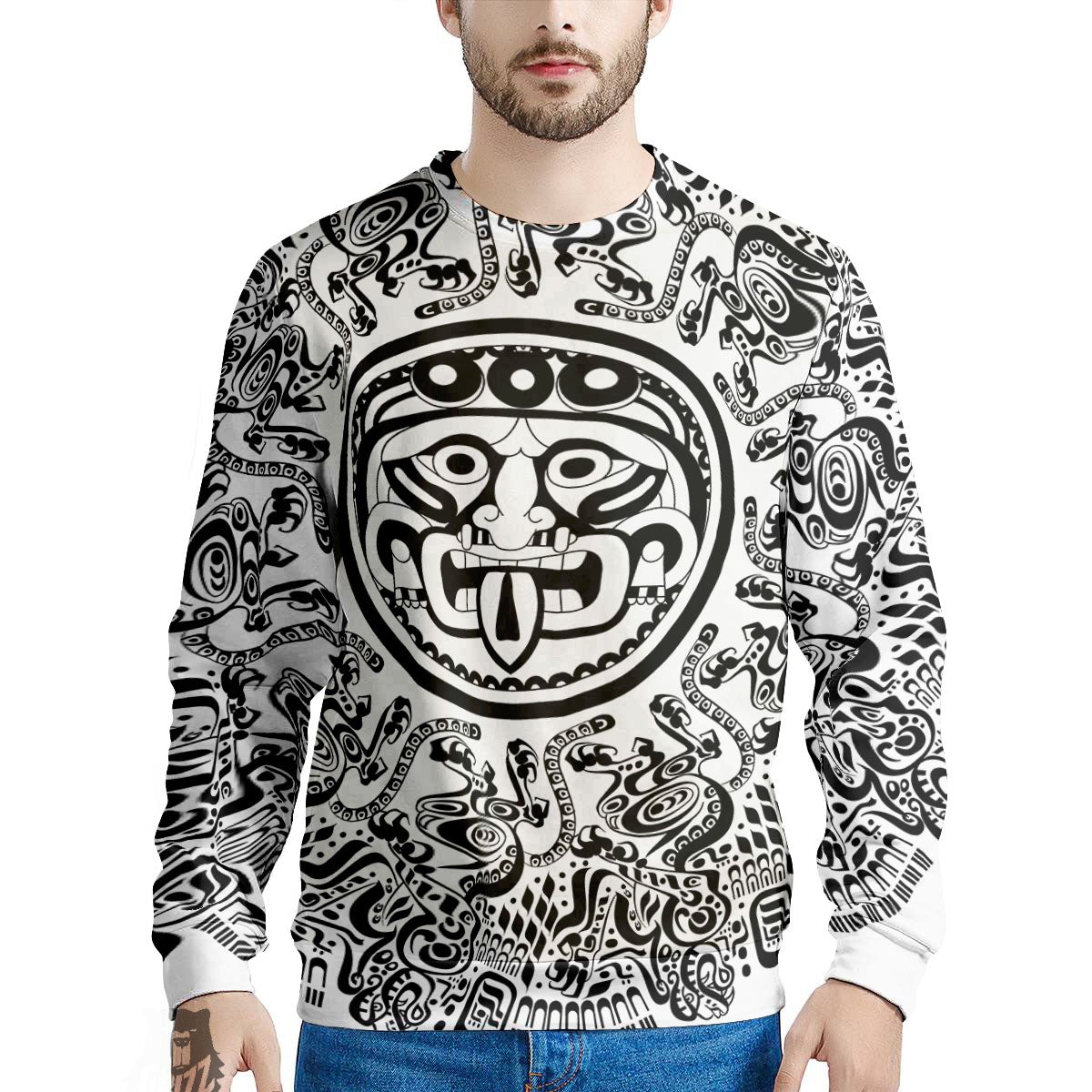Maya Calendar White And Black Print Men's Sweatshirt-grizzshop