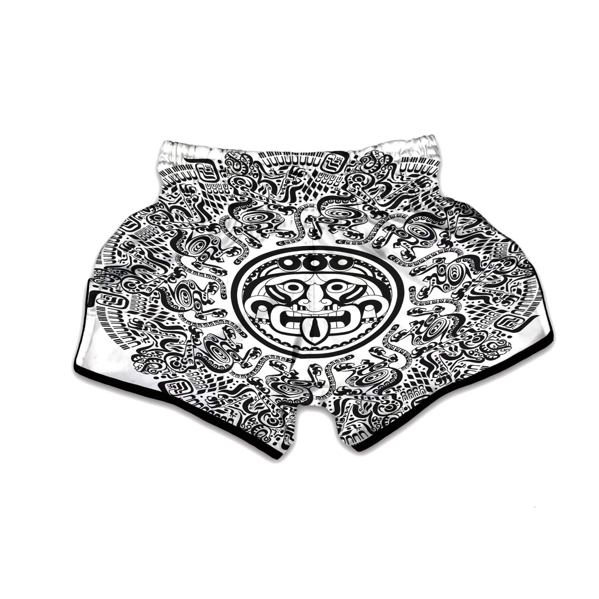 Maya Calendar White And Black Print Muay Thai Boxing Shorts-grizzshop