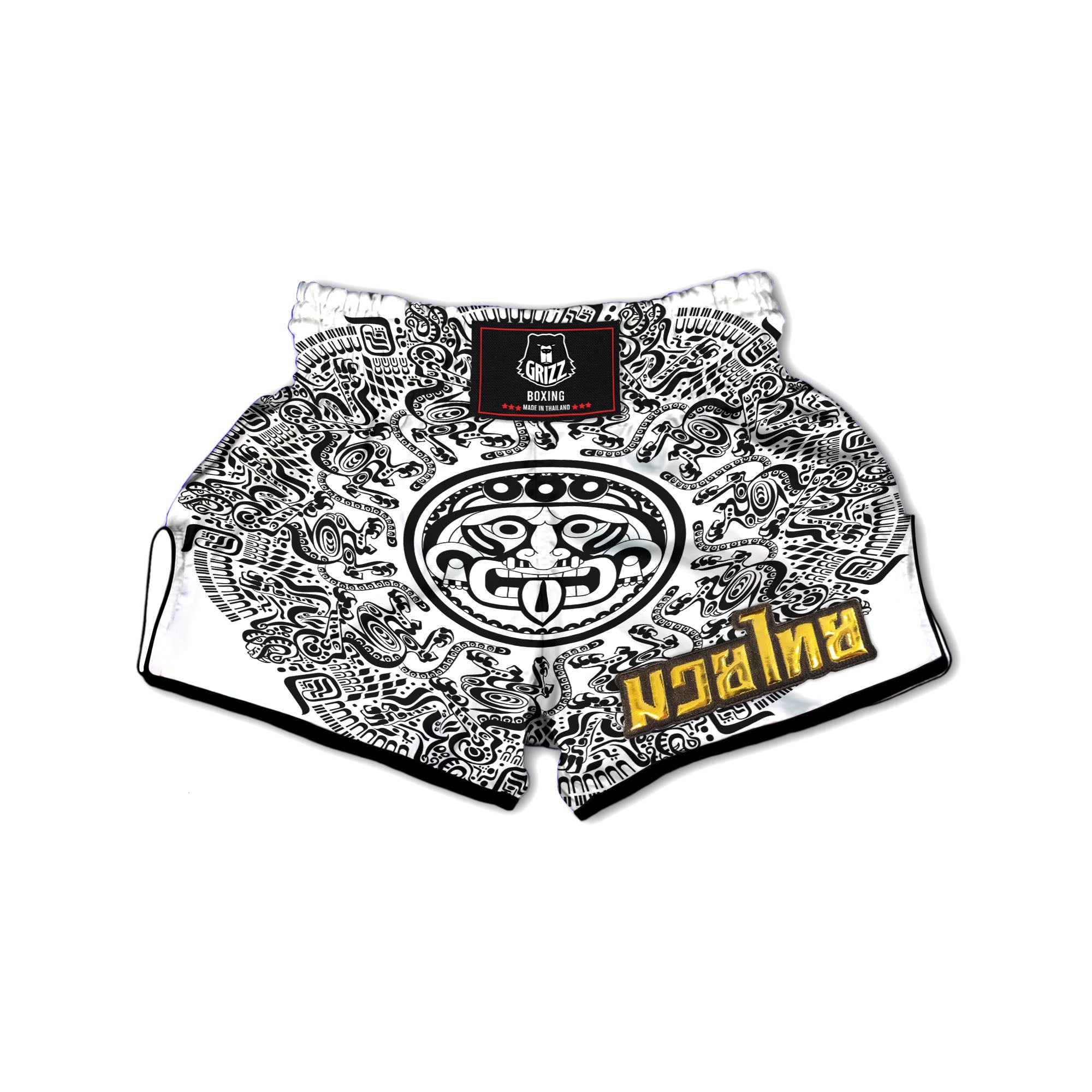Maya Calendar White And Black Print Muay Thai Boxing Shorts-grizzshop