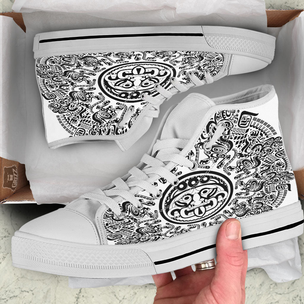 Maya Calendar White And Black Print White High Top Shoes-grizzshop