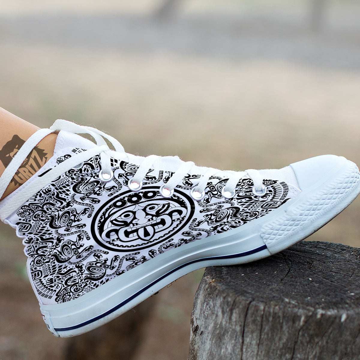 Maya Calendar White And Black Print White High Top Shoes-grizzshop