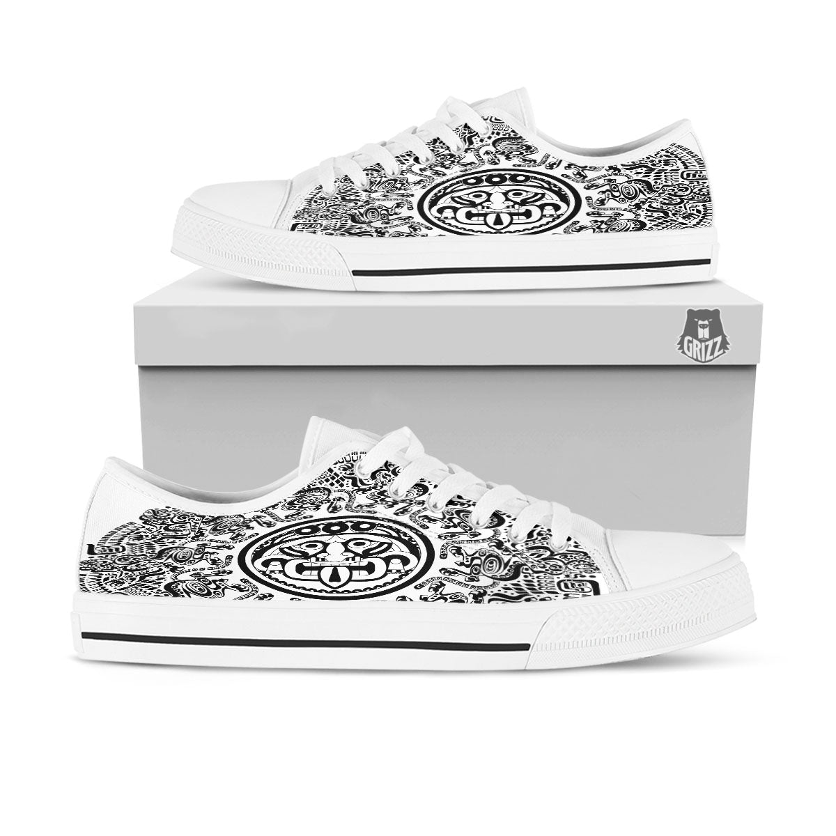 Maya Calendar White And Black Print White Low Top Shoes-grizzshop
