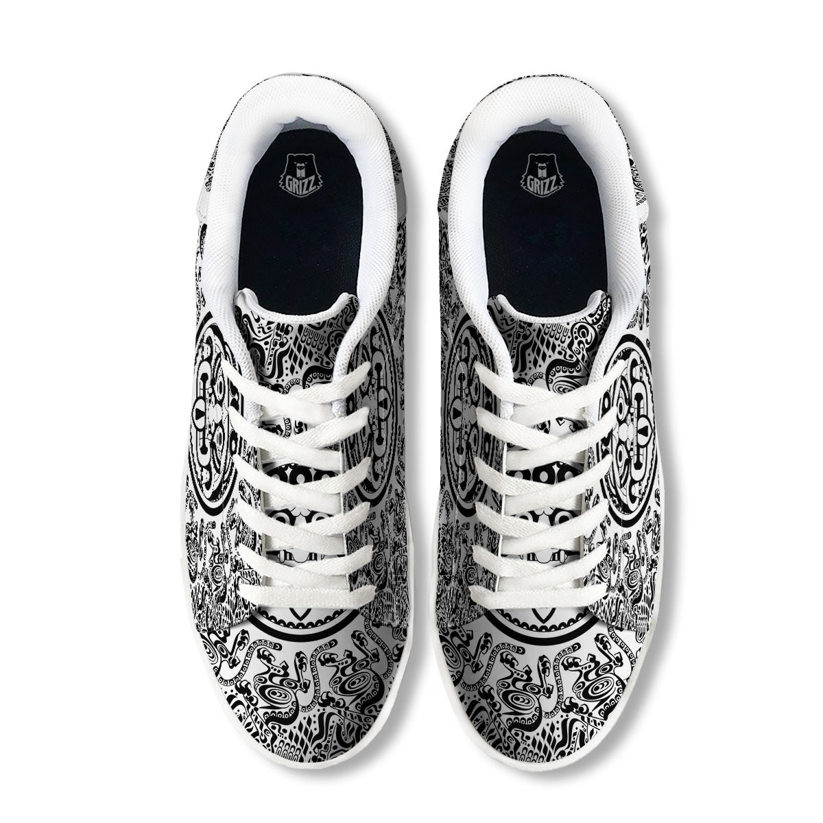Maya Calendar White And Black Print White Low Top Sneakers-grizzshop