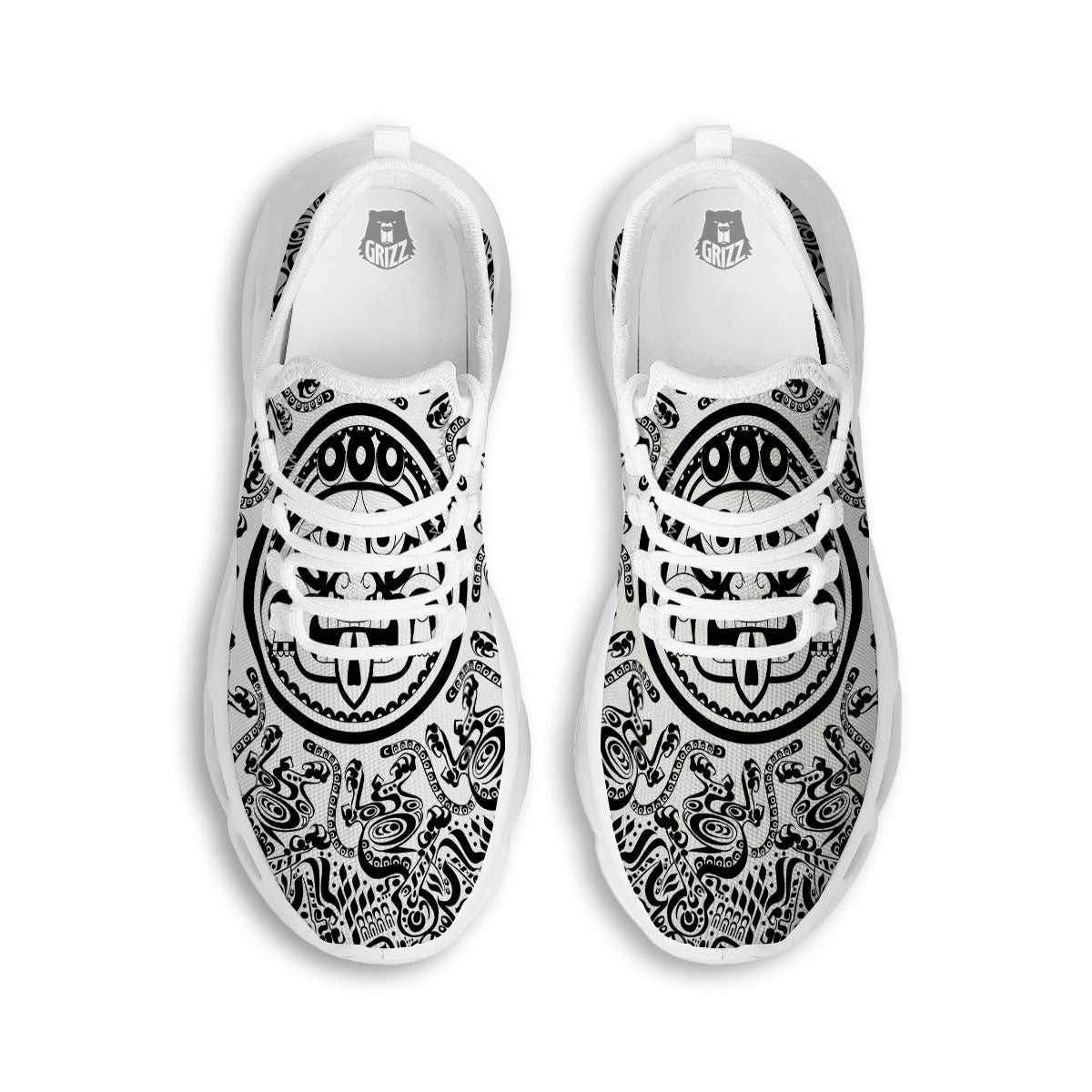 Maya Calendar White And Black Print White Running Shoes-grizzshop