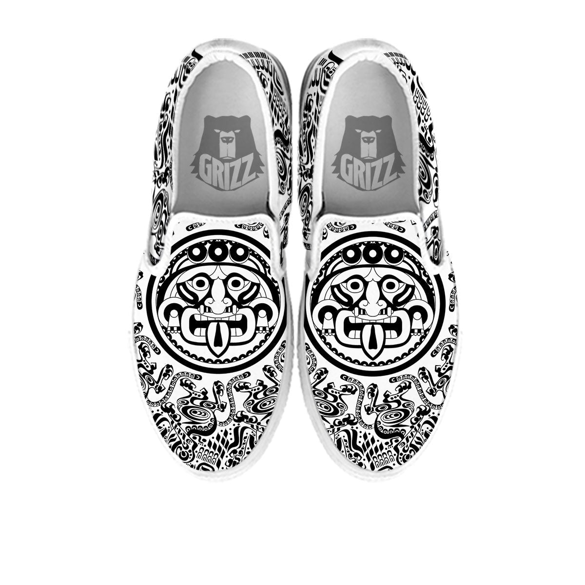 Maya Calendar White And Black Print White Slip On Shoes-grizzshop